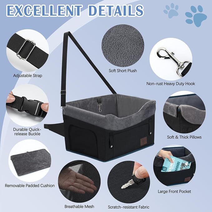 Dog Car Seat for Small Dogs, Detachable Washable Pet Booster Seat with Storage Pocket, Breathable Mesh, Safety Leash, Adjustable Straps for Small Pets Up to 25lbs-Black