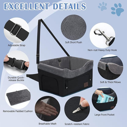 Dog Car Seat for Small Dogs, Detachable Washable Pet Booster Seat with Storage Pocket, Breathable Mesh, Safety Leash, Adjustable Straps for Small Pets Up to 25lbs-Black
