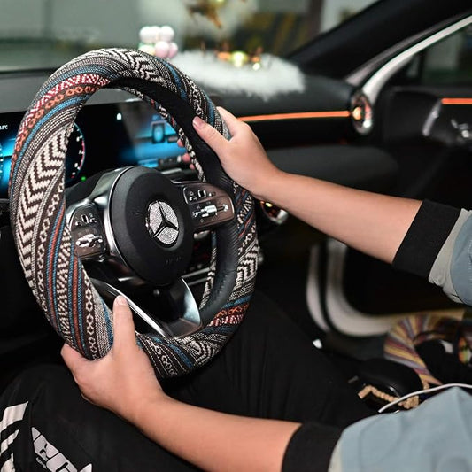 Universal 15inch Ethnic Style Baja Blanket Steering Wheel Cover with Coarse Flax Cloth and Sweat Absorption Anti Slip Car Wrap (Boho Dark)