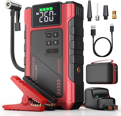 4500A Car Jump Starter with Air Compressor, Portable Battery Charger Jumpstart 12V Vehicle, Power Pack with 150PSI Tire Inflator for 9.0L Gas/7.5L Diesel Engines Jump Box with Light and Jumper Cable