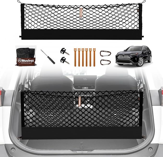 Muslogy Truck Bed Cargo Net Trunk Netting Compatible with Toyota RAV4 2019-2024 2025 Accessories, Pickup Cargo Organizer SUV Sedan Storage Net w/Heavy Duty Carabiners