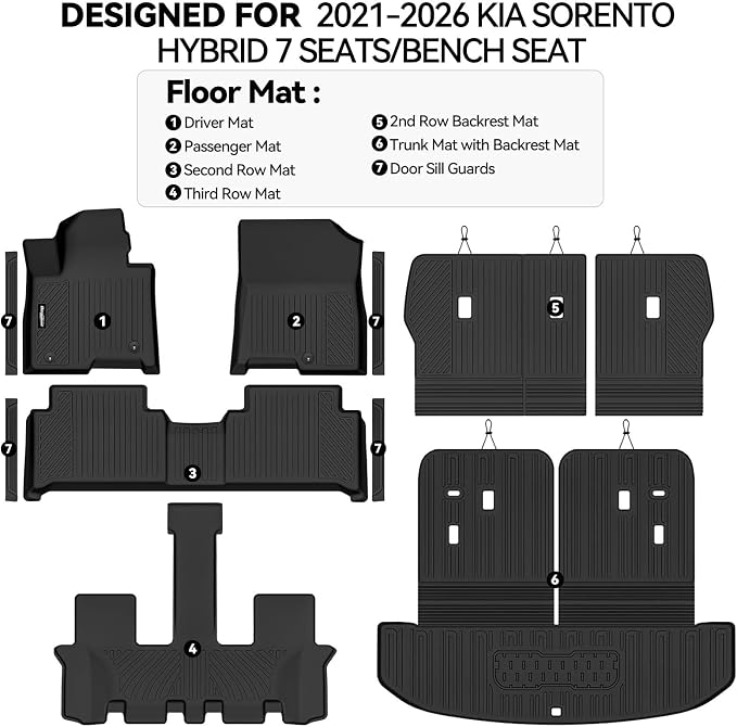 Floor Mats for 2021-2026 Kia Sorento Hybrid 7 Seats/Bench Seat (Not for Gas), Trunk Mat and Backrest Mats & Door Sill Guard All Weather TPE Protector for Kia Sorento Accessories