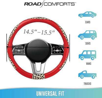 Road Comforts Steering Wheel Cover - Made with PVC Leather and Leopard Fabric - Universal 14 1/2 inches to 15 inches for Most Automotive Steering Wheel - Cheetah Print -Red