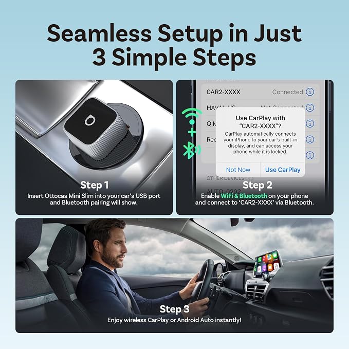 OTTOCAST Mini Slim 3.0 2026 Upgrade Wireless CarPlay & Android Auto Adapter | Plug & Play, Fast Auto-Reconnect, Dual-Band 5Ghz,Remember Two Phones