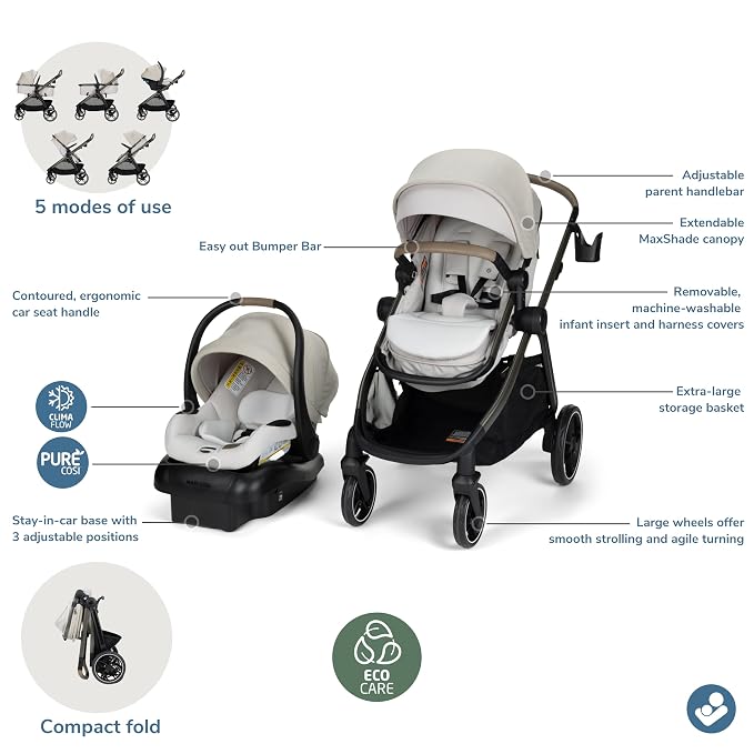 Maxi-Cosi Zelia Pro 5-in-1 Travel System with Mico Pro Infant Car Seat and Baby Stroller Combo, Reversible Seat, Large Wheels, Adjustable Handle, Newborn to Toddler, Lightweight, Classic Oat