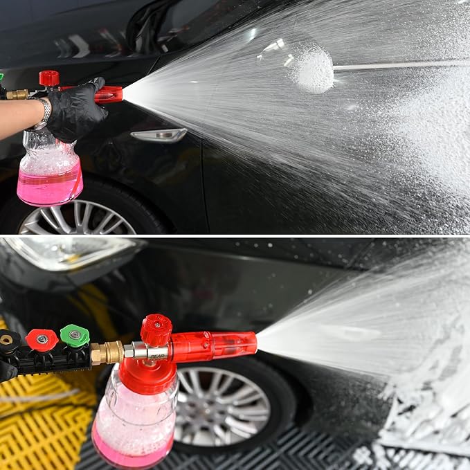 BEAR FORCE Foam Cannon Wide Mouth for Pressure Washer, Stainless Steel Heavy Duty Thick Snow Foam Lance, 360° Adjustable Soap Sprayer 1/4" Quick Connector, 1.10mm 1.25mm Orifice, 32oz Bottle, Car Wash
