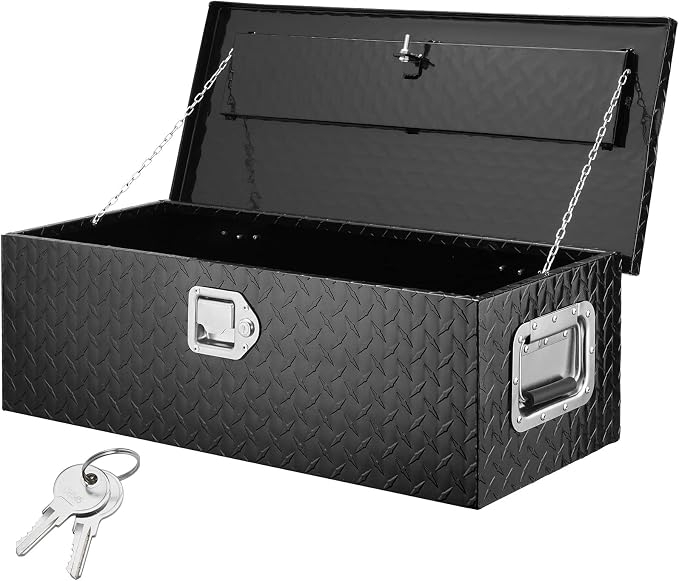 VEVOR Aluminum Truck Bed Tool Box, 30 Inch Heavy Duty Diamond Plate Tool Box with Side Handles, Lock and Keys, Trailer Storage Organizer Chest Box for Pickup, RV, Truck Bed, 30 x 13 x 9.6 in, Black