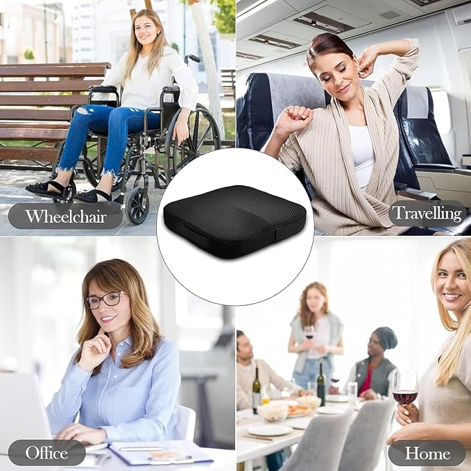 Portable Seat Cushion for Office Soft Memory Foam Seat Cushion Non Slip Bottom with Carry Handle,Washable Cover，Comfortable Coccyx Cushion for Home Office Chair Pad，Car Seat, Wheelchair (Black)