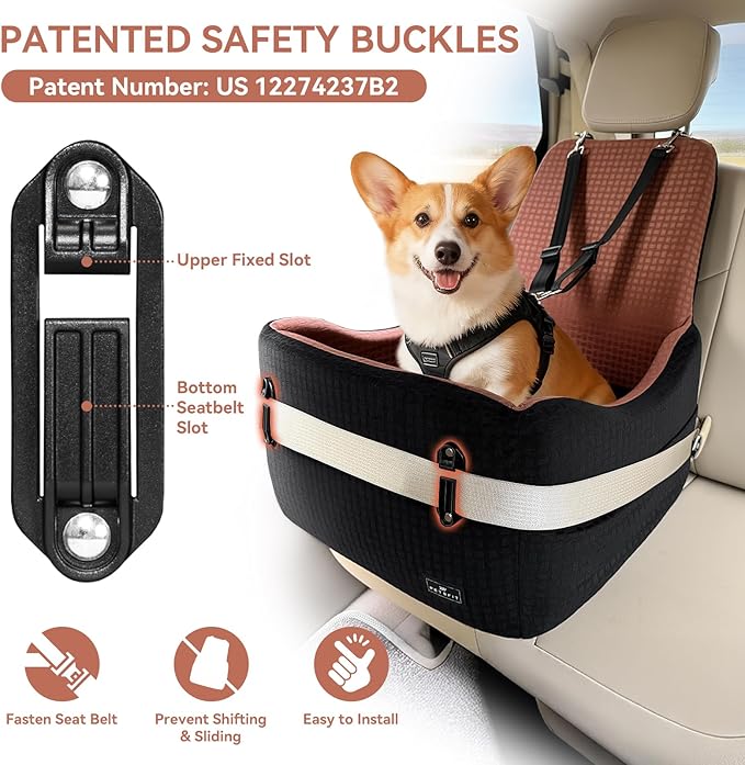 PETSFIT Dog Car Seat for Small/Medium Dogs Up to 35 lbs – Patented Safety System, 5" Memory Foam Pet Booster Car Seat, Fully Detachable and Washable Dog Carseat with 2 Storage Pockets (Black/Brown)