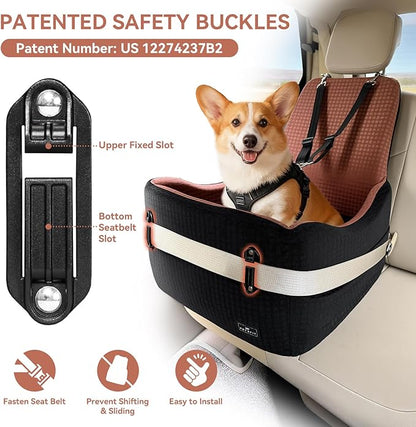 PETSFIT Dog Car Seat for Small/Medium Dogs Up to 35 lbs – Patented Safety System, 5" Memory Foam Pet Booster Car Seat, Fully Detachable and Washable Dog Carseat with 2 Storage Pockets (Black/Brown)