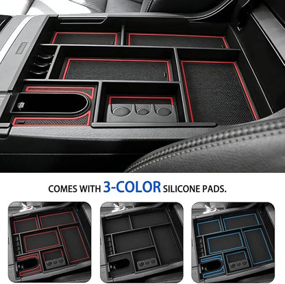 Autorder Center Console Organizer for 2014-2021 Toyota Tundra Accessories Armrest Storage Box Secondary Insert Full Tray with Red/Blue/Black Silicone Pads
