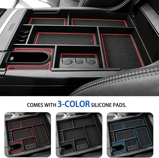 Autorder Center Console Organizer for 2014-2021 Toyota Tundra Accessories Armrest Storage Box Secondary Insert Full Tray with Red/Blue/Black Silicone Pads