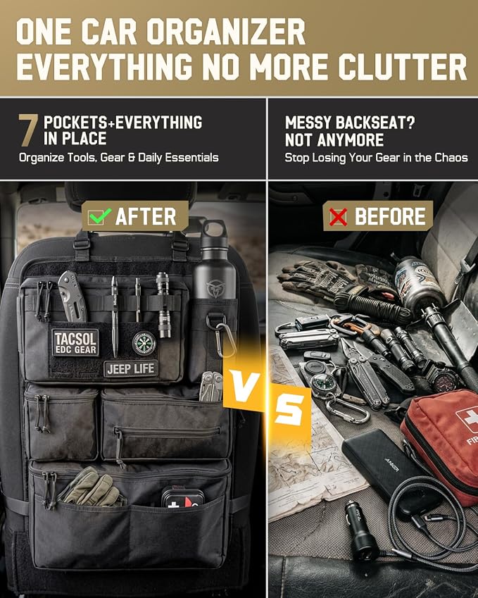 All in One Car Seat Back Organizer, Heavy Duty Molle Panel Seat Back Protector with Multi-Pockets Storage for Tools, Camping, Travel, Fit Most Cars SUV Trucks Jeeps Pickups