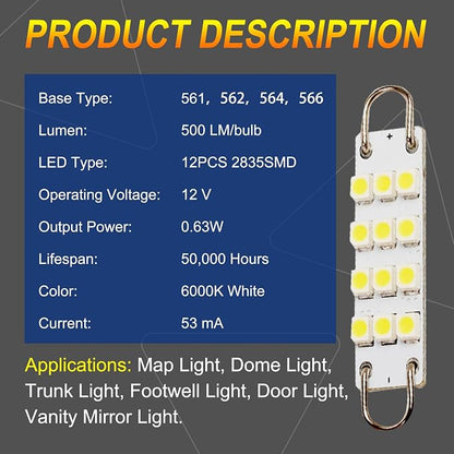 Festoon Rigid Loop LED Lights, 44mm, 6000K White, 561 562 567 564, Fit for Car Interior, Dome, Map, Door Courtesy, Gloves Box and Trunk Lighting (4-Pack)