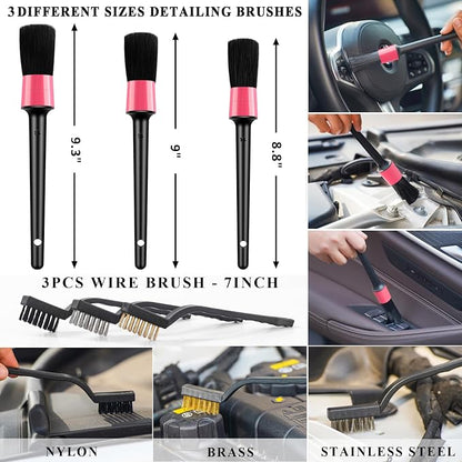 20Pcs Car Cleaning Wash Kit Interior Detailing Cleaner Kit with High Power Handheld Vacuum, Brush Set, Windshield Tool, Duster, Towels, Complete Car Care Tools, Pink