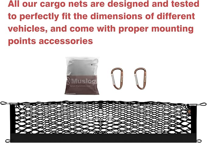 Muslogy Truck Bed Cargo Net Trunk Netting Compatible with 2015-2020 Chevy Tahoe | GMC Yukon | Cadillac Escalade Accessories, Pickup Cargo Organizer SUV Sedan Storage Net w/Heavy Duty Carabiners