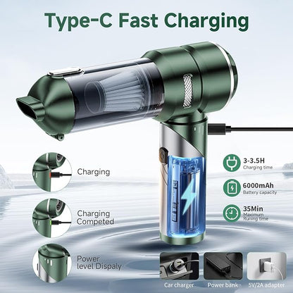 Car Vacuum Portable Cordless 22000PA High Power Handheld Mini Vacuum Cleaner Rechargeable Foldable with Brushless Motor Air Blower Duster Pump for Car Home Office Pet (Green)