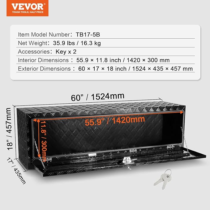 VEVOR Underbody Truck Box, 60" x 17" x 18" Pickup Storage Box, Heavy Duty Aluminum Diamond Plate Tool Box with Lock and Keys, Waterproof Trailer Storage Box with T-Handle Latch for Truck, Van, Trailer