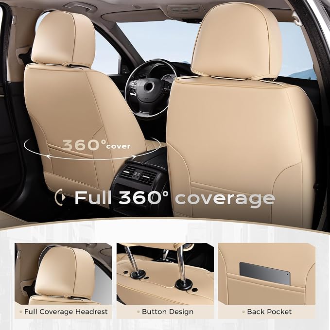 Coverado Car Seat Cover Full Set, Front and Rear Seat Cover for Car, Leather Car Seat Protector, Beige Universal Seat Covers, Waterproof Car Seat Cushion, Automotive Seat Covers Fit for Most Vehicles