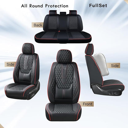 Coverado Car Seat Covers Full Set, Nappa Leather Seat Covers for Car, Waterproof Car Seat Protector with Lumbar Support, Automotive Seat Covers Universal Fit for Most Cars SUV Trucks (Black-Red line)