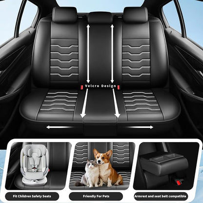Fit Patriot Car Seat Covers for Jeep Patriot 5 Seats 2007-2016 2017 -Premium Leather,Waterproof & Breathable，All-Weather Seat Cushion Protecto & Airbag Compatible, 2 Front Seat White Line Black