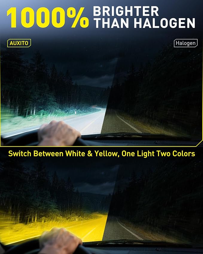 AUXITO 9005 HB3 Switchback Light Bulbs, 6500K Cool White&3000K Amber Yellow 50000LM, Direct Replacement 9005/HB3 LED Fog Light Bulbs Fanless, Plug and Play, CANbus Ready No Flicker, Pack of 2