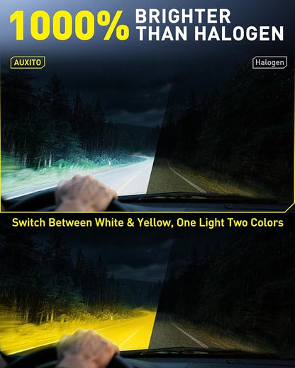 AUXITO 9005 HB3 Switchback Light Bulbs, 6500K Cool White&3000K Amber Yellow 50000LM, Direct Replacement 9005/HB3 LED Fog Light Bulbs Fanless, Plug and Play, CANbus Ready No Flicker, Pack of 2