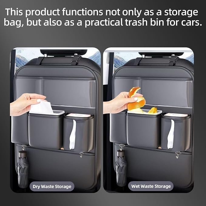 2 Pack Leather Car Seat Back Organizer, Backseat Kick Mat Protector with Clear Touchscreen Tablet Holder, Cup Holder, Tissue Holder and Storage Pockets, Fits Cars SUVs Minivans, Black