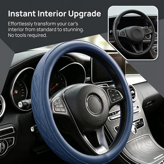 Zpana Car Steering Wheel Cover, 14.5-15" Breathable Soft Leather Vehicle Steering Wheel Protector with Anti-Slip Lining, Comfortable Auto Interior Decoration Accessories, Universal Fit (Dark Blue)