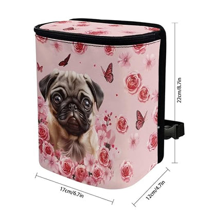 Talayituse Pug Dog Flower Print Car Trash Can, Portable Auto Garbage Bin Multifunctional Vehicle Interior Accessories with Adjustable Straps Universal Fit Truck SUV Sedan