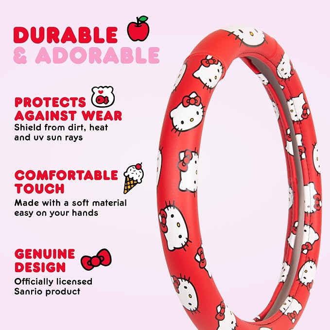 Hello Kitty Steering Wheel Cover Official Sanrio Car Accessory Universal Size 14.5 to 15 Inch Cute Red Design for Women Girls Sedans SUVs Trucks, Anti-Slip Grip, Stretch-Fit Design