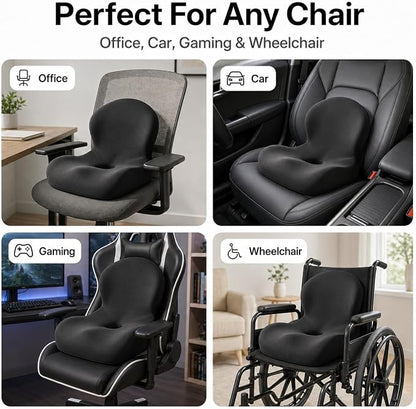 Memory Foam Office Chair Cushion with Back Support, Ergonomic Seat Cushion for Office Chair and Car Seat, Pressure Relief for Long Sitting (Black)