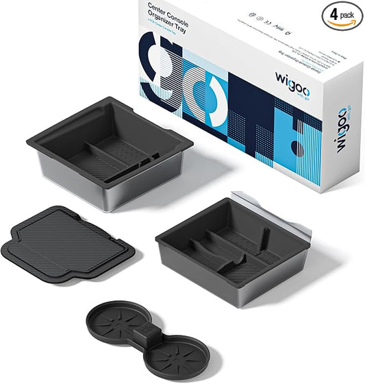Wigoo Center Console Organizer for Tesla Model Y Juniper (Only Premium & Performance 2025 2026) and All Model 3 Highland Accessories [Double-Layer Storage, Smooth Sliding] 4PCS Black