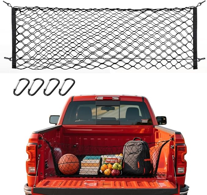 Cargo Net for 2013-2025 Chevy Silverado & GMC Sierra, 50" x 18" Truck Bed Organizer with Heavy Duty Carabiners, Envelope Style Cargo Netting for Pickup Truck Bed