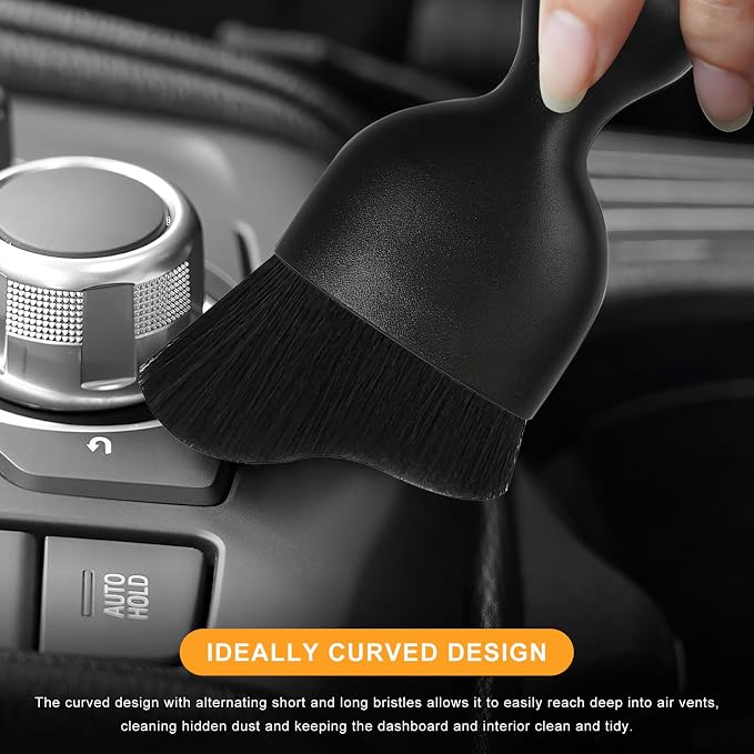2 PCS Car Interior Detailing Brush, Curved Car Interior Cleaning Brush with Ultra Soft Bristles & Dust Cover, Scratch-Free Auto Dusting Brushes for Dashboard AC Vent Leather (Black)
