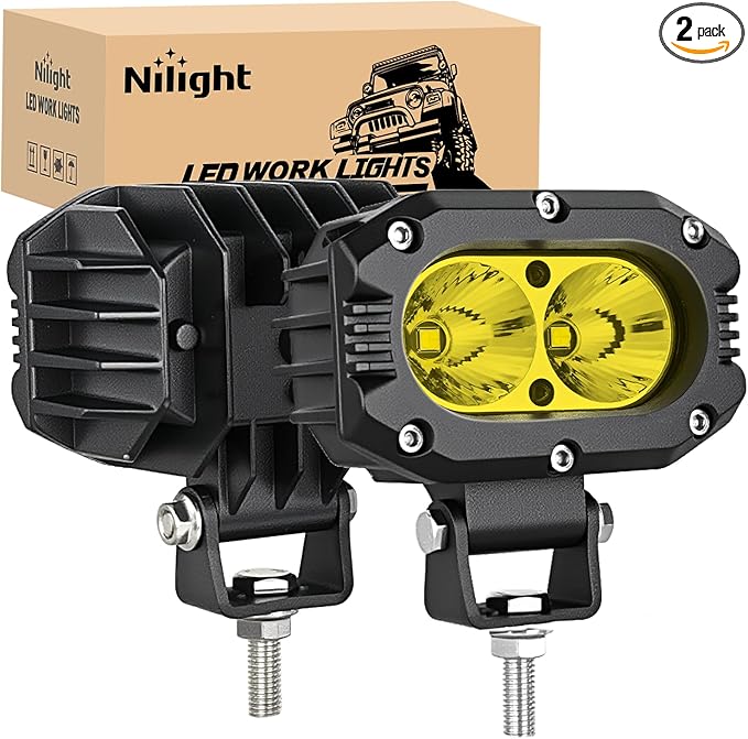 Nilight LED Pod Light 24W 4 Inch 2PCS Yellow Flood Beam Driving Lights Pods IP67 Waterproof Auxiliary Offroad Lighting for Truck Tractor SUV ATV UTV Golf Cart Boat Motorcycle Dirt Bike