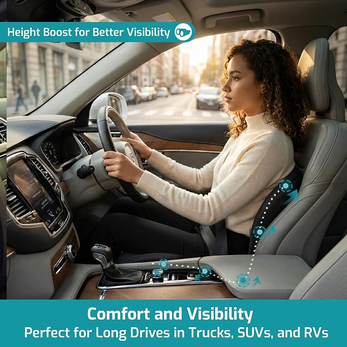 Trucker Seat Cushion, Car Seat Cushions with Lumbar Support Pillow, Ergonomic L-Shaped Orthopedic Memory Foam Pad for Long Driving Back Pain Sciatica Relief, Drivers Office Workers (Black+WE)