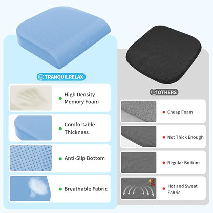TranquilRelax Large Seat Cushion, Memory Foam Cushion for Long Sitting Hours on Office Chair, Home & Car, Non-Slip Chair Pad for Relieving Back & Sciatica & Hip & Coccyx Pain (Light Blue)