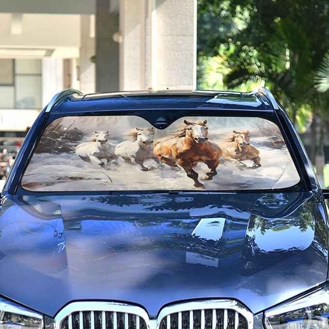 Windshield Sun Shade Horses Run Front Window Block UV Shades Visor Reflective Retractable for Car SUV Trucks