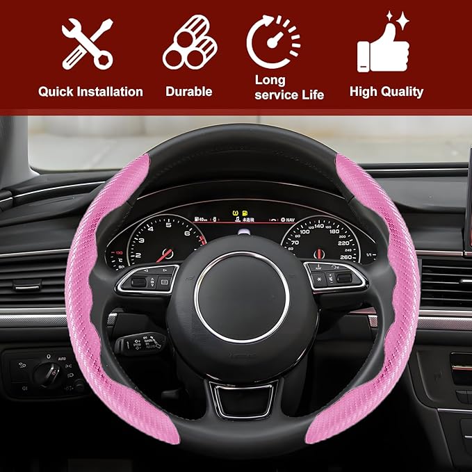 Universal Fit Carbon Fiber Steering Wheel Cover, Segmented Steering Wheel Protector, Carbon Fiber Anti-Skid Steering Wheel Cover Car Interior Accessories (2 Pcs Pink)