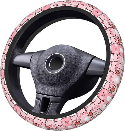 Cute Pink Pig Steering Wheel Cover for Women,Universal Auto Steering Wheel 14-15 Inch Car Interior Accessories with 2PCS Car Coasters,Suitable for Men and Women