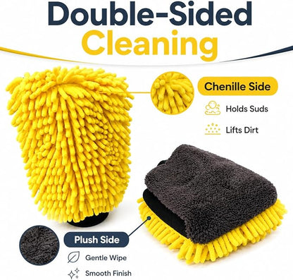 Car Wash Mitt, Double-Sided Chenille Microfiber, Yellow and Black, Waterproof
