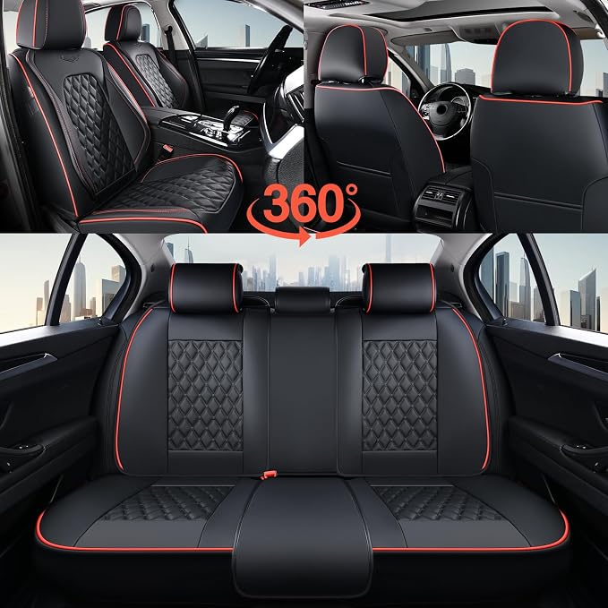 Coverado Full Set Car Seat Covers, Luxury Faux Leather Waterproof Seat Covers, 5-Seat Universal Fit, Front & Back Car Seat Protectors,Leather Seat Covers for Most Cars-Black & Red Line