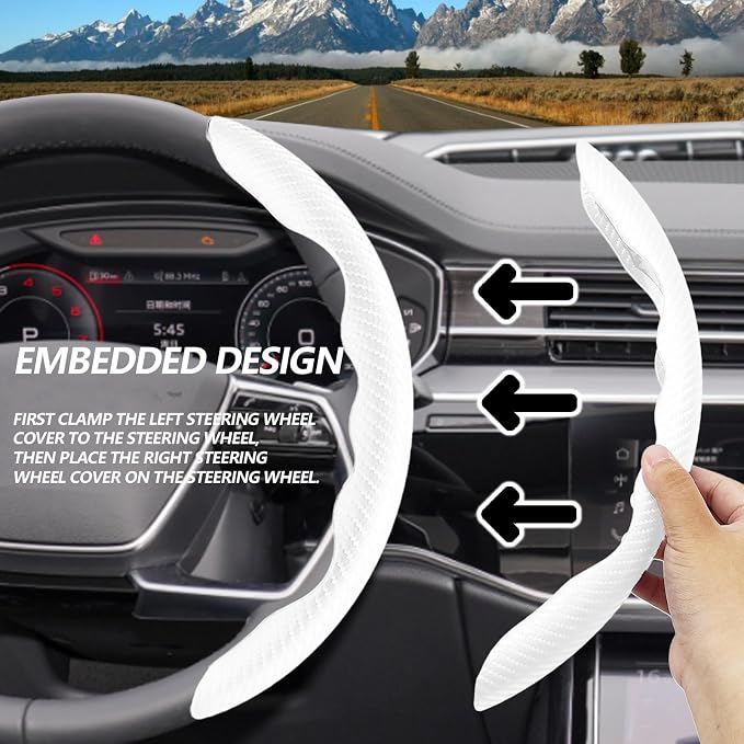 2pcs Universal Fit Carbon Fiber Steering Wheel Cover, Anti-Skid Steering Wheel Cover/Segmented Steering Wheel Protector/Car Interior Accessories (White)