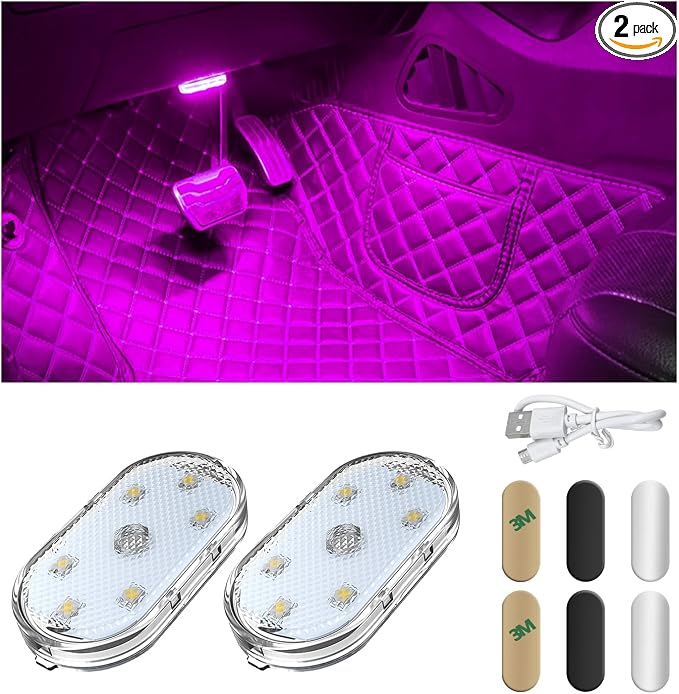 Wevdn 2 PCS Car LED Lights Interior Wireless, Magnetic Car Ambient Lighting with 6 Bright LED Lamp Beads, Portable USB Rechargeable Vehicle Interior Led Night Light for Car (Pink)
