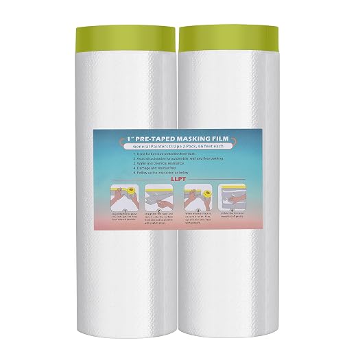 LLPT Pre-Taped Masking Film, 78.7" Unfolded x 66Ft, 0.31 Mil, 2 Pack | Static-Cling, Disposable, Solvent & Oil Resistant Bleed-Proof Low Tack No Residue for Auto Wall Furniture Painting Protection