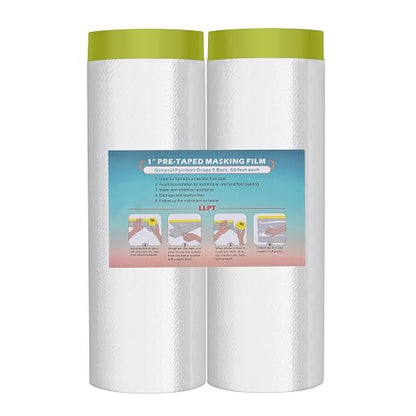LLPT Pre-Taped Masking Film, 78.7" Unfolded x 66Ft, 0.31 Mil, 2 Pack | Static-Cling, Disposable, Solvent & Oil Resistant Bleed-Proof Low Tack No Residue for Auto Wall Furniture Painting Protection
