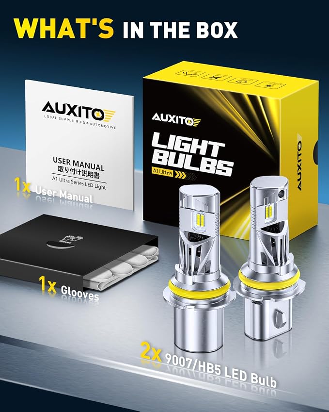 AUXITO Latest 9007 HB5 Head1ight Bulbs, 50,000LM 1000% Ultra-Bright, 20 Years Lifespan, 6500K Cool White, 3 Min Quick Install, No Flicker, 99% Compatibility, Pack of 2