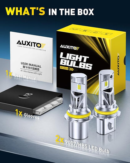 AUXITO Latest 9007 HB5 Head1ight Bulbs, 50,000LM 1000% Ultra-Bright, 20 Years Lifespan, 6500K Cool White, 3 Min Quick Install, No Flicker, 99% Compatibility, Pack of 2
