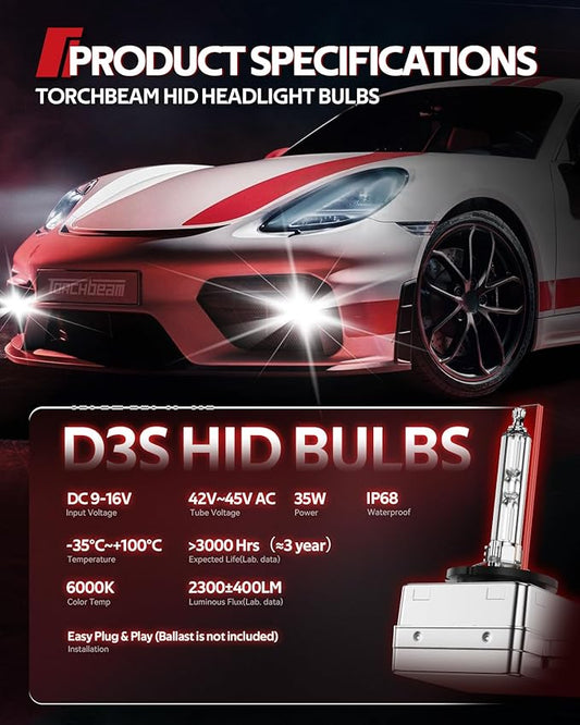 Torchbeam D3S HID Bulbs, 6000K Cool White, 35W 66340 42403 42302 (42403C1) Replace HID Xenon Bulbs, (Not fit Halogen Assembly), Pack of 2
